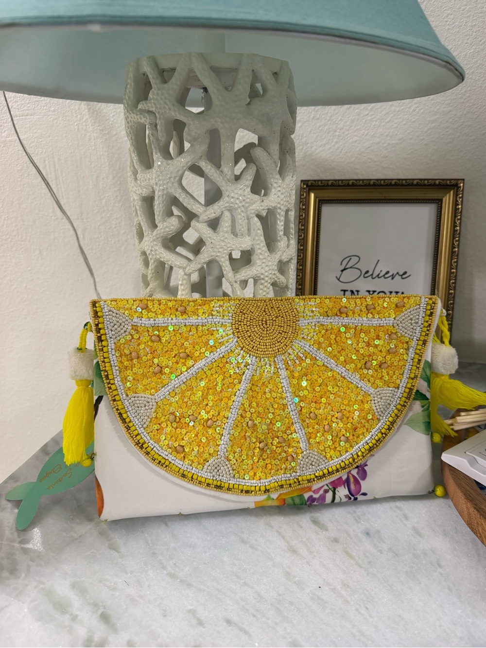 Antica Sartoria 2026 Yellow Beaded Slice of lemon with Tassels Clutch NWT